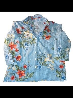 Alfred Dunner Blue Striped Floral Button-Down Shirt Size PS
